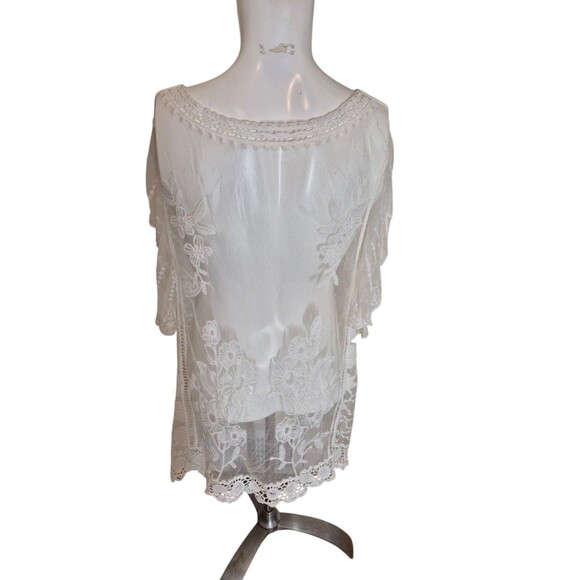 Boho Lace Crochet Sheer Top Mesh Floral Lace Tunic Top Flutter Sleev Ivory Sz L - Picture 3 of 3